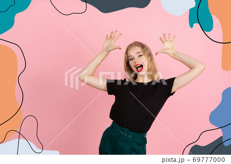 Caucasian woman's portrait isolated on bright, modern illustrated background. 69777000