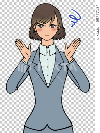 一名喜怒無常的衣服的婦女用她的接近她的面孔的手 一名喜怒無常的衣服的婦女用她的接近她的面孔的手 69777184