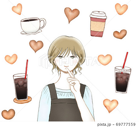 女性カフェオーナーとコーヒーとハートのクッキーのイラスト素材