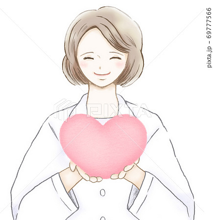 ピンクのハートを持つ優しい笑顔の女医のイラスト素材