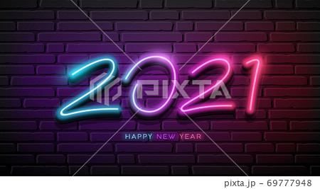 2021 Neon Light number, happy new year, design on block wall black background 2021 Neon Light number, happy new year, design on block wall black background 69777948
