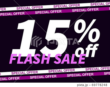 Flash sale, special offer 15% off. Sale tape ribbon and text on black background. Black friday. Design for promotional items, coupon and gift cards. Vector illustration Flash sale, special offer 15% off. Sale tape ribbon and text on black background. Black friday. Design for promotional items, coupon and gift cards. Vector illustration 69778248