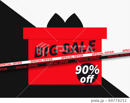 Big sale 90% off. Sale tape ribbon and gift box on background divided diagonally into black and white color. Black friday. Design for promotional items, coupon and gift cards. Vector illustration Big sale 90% off. Sale tape ribbon and gift box on background divided diagonally into black and white color. Black friday. Design for promotional items, coupon and gift cards. Vector illustration 69778252