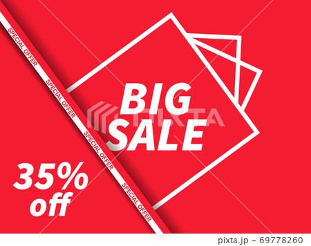 Big sale 35% off. Sale tape ribbon and gift box line art on red background. Black friday. Design for promotional items, banners, coupon and gift cards. Vector illustration 69778260