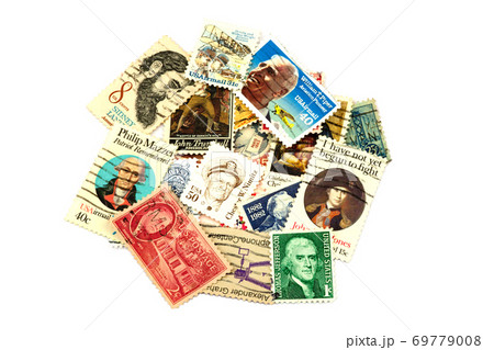 USA Postage Stamp Collection on White Background 69779008