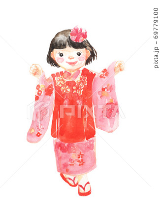 七五三で着物を着た女の子のイラストのイラスト素材