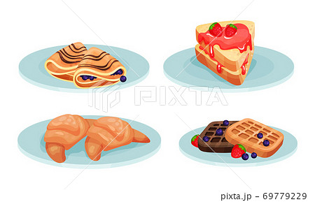 Crepe with Blueberries and Sandwich with Jam Served on Plates Vector Set 69779229