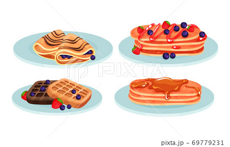Pancakes with Caramel and Waffle with Berries Served on Plates Vector Set Pancakes with Caramel and Waffle with Berries Served on Plates Vector Set 69779231