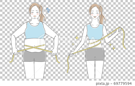 メジャーでウエストを測る若い女性のイラスト　before　after 69779594