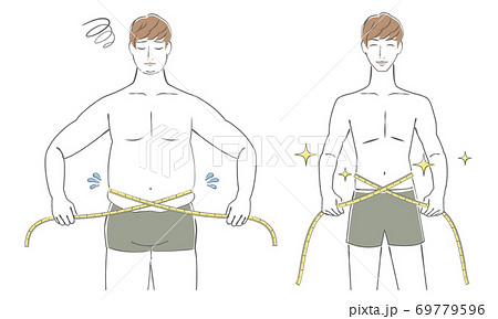 メジャーでウエストを測る若い男性のイラスト　before　after 69779596