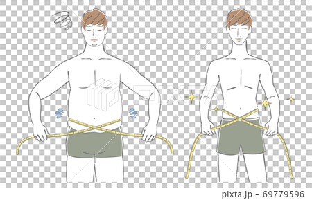 メジャーでウエストを測る若い男性のイラスト　before　after 69779596