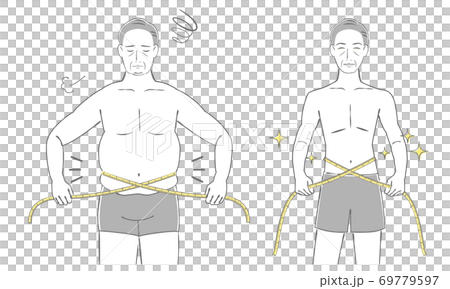 メジャーでウエストを測る中年の男性のイラスト　beforeafter 69779597