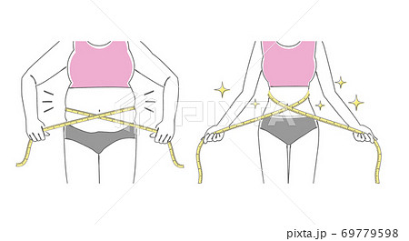 メジャーでウエストを図る女性の腹部のイラスト　before　after 69779598