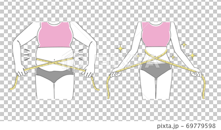 メジャーでウエストを図る女性の腹部のイラスト　before　after 69779598