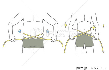メジャーでウエストを図る男性の腹部のイラスト　before　after 69779599