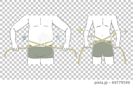 メジャーでウエストを図る男性の腹部のイラスト　before　after 69779599