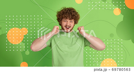 Caucasian man portrait isolated on bright, modern illustrated background. Caucasian man portrait isolated on bright, modern illustrated background. 69780563