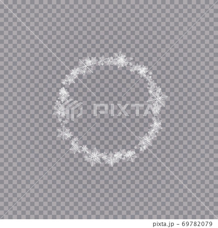 Round winter snow frame border with stars, sparkles and snowflakes on transparent background. Festive christmas banner, new year greeting card, postcard or invitation vector illustration 69782079