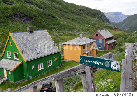 ノルウェー　ノルウェー鉄道　ベルゲン線のミュルダール駅より谷側の家々とトレッキングコースを望む 69784408