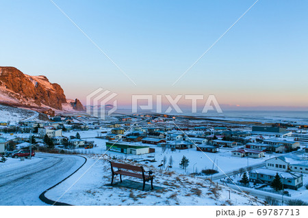 Bench view point Iceland. Spectacular city cliff and ocean view 69787713