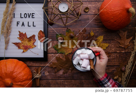 Girl hand holding a cup of cocoa with marshmallows Girl hand holding a cup of cocoa with marshmallows 69787755