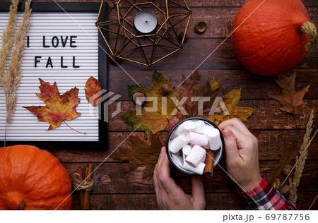 Woman hands hold hot cacao with marshmallows and cinnamon on wooden table Woman hands hold hot cacao with marshmallows and cinnamon on wooden table 69787756