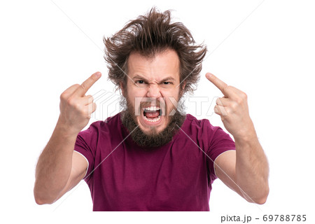 Crazy bearded man emotions and signs 69788785