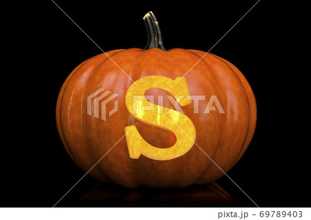 Glowing Letter S carved in pumpkin. Halloween font on black background, 3D rendering Glowing Letter S carved in pumpkin. Halloween font on black background, 3D rendering 69789403