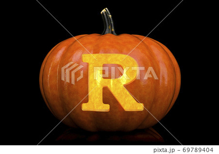 Glowing Letter R carved in pumpkin. Halloween font on black background, 3D rendering Glowing Letter R carved in pumpkin. Halloween font on black background, 3D rendering 69789404