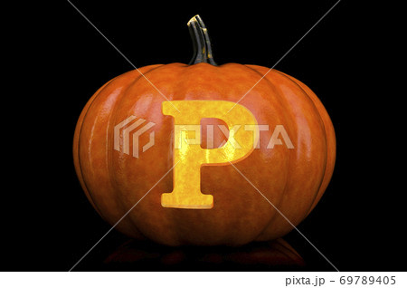 Glowing Letter P carved in pumpkin. Halloween font on black background, 3D rendering Glowing Letter P carved in pumpkin. Halloween font on black background, 3D rendering 69789405