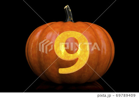 Number 9 carved in pumpkin. Halloween font on black background, 3D rendering 69789409