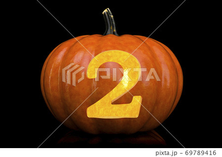 Number 2 carved in pumpkin. Halloween font on black background, 3D rendering Number 2 carved in pumpkin. Halloween font on black background, 3D rendering 69789416