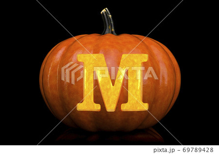 Glowing Letter M carved in pumpkin. Halloween font on black background, 3D rendering Glowing Letter M carved in pumpkin. Halloween font on black background, 3D rendering 69789428