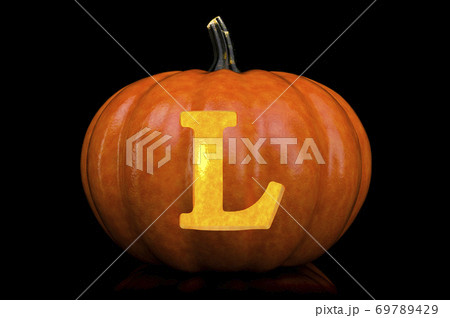 Glowing Letter L carved in pumpkin. Halloween font on black background, 3D rendering Glowing Letter L carved in pumpkin. Halloween font on black background, 3D rendering 69789429