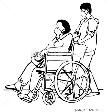 sketch disabled woman in wheelchair line art black white isolated illustration 69790000