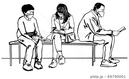 Sketch Group of people wearing a mask sitting in a waiting room. Hand drawn line art cartoon vector illustration. 69790001