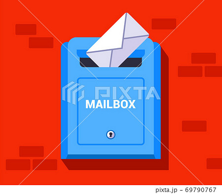 to throw a handwritten letter into a box. sending an envelope to another city. flat vector illustration. 69790767