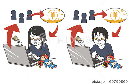 金儲けのたグッズの転売をする人　怪しく笑う 69790869