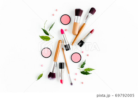 Professional decorative cosmetics, makeup tools on white background. Flat composition beauty, fashion. flat lay, top view Professional decorative cosmetics, makeup tools on white background. Flat composition beauty, fashion. flat lay, top view 69792005