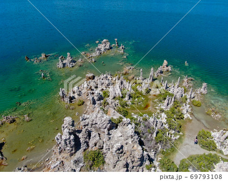 Aerial view of Mono Lake with tufa rock formations during summer season, Mono County 69793108