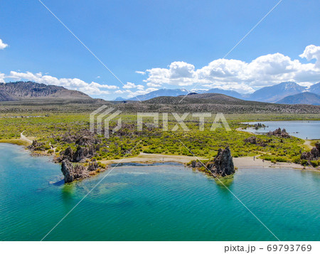 Aerial view of Mono Lake with tufa rock formations during summer season, Mono County Aerial view of Mono Lake with tufa rock formations during summer season, Mono County 69793769