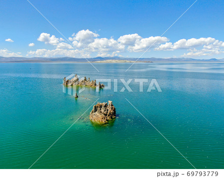 Aerial view of Mono Lake with tufa rock formations during summer season, Mono County 69793779