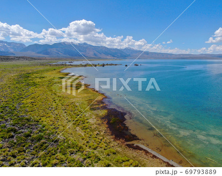 Aerial view of Mono Lake with tufa rock formations during summer season, Mono County 69793889