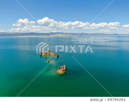 Aerial view of Mono Lake with tufa rock formations during summer season, Mono County 69794261