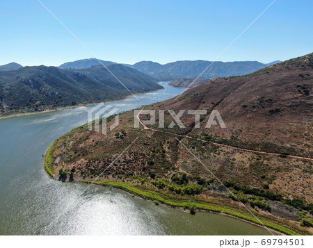 Aerial view of Inland Lake Hodges and Bernardo Mountain, San Diego County, California 69794501