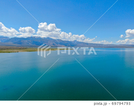 Aerial view of Mono Lake with tufa rock formations during summer season, Mono County 69794793