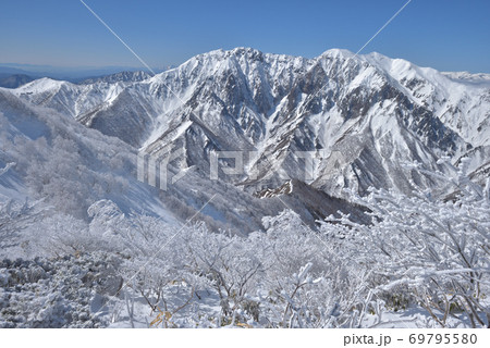 白毛門山と笠ヶ岳の鞍部付近から見る樹氷と谷川岳 69795580
