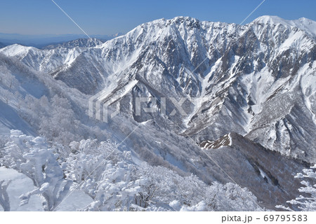 白毛門山と笠ヶ岳の鞍部付近から見る樹氷と谷川岳 69795583