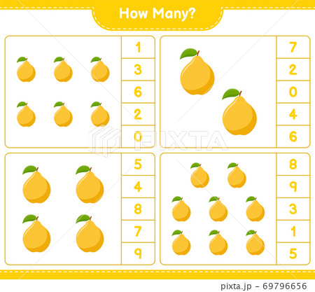 Counting game, how many Quince. Educational children game, printable worksheet, vector illustration 69796656