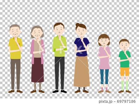 3世代家族のイラスト 祖父 祖母 父 母 女の子 男の子のセット 首をかしげるポーズのイラスト素材